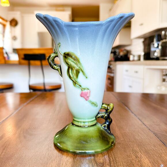 Hull Pottery Woodland Vase | Blue and Green Floral High Gloss ~8" | Vtg 1950s - Picture 4 of 13